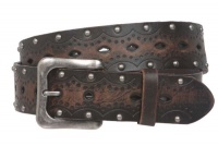 1 1/2 (38 mm) Snap on Perforated Studded Vintage Embossed Leather Jean Belt Size: 30 Color: Brown