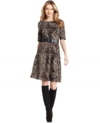 Evan Picone's animal-print A-line dress looks great with neutral pumps now and easily pairs with boots for fall!