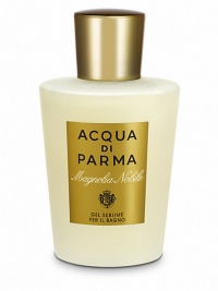 Indulge yourself with this luxurious and rich foaming bath and shower cleansing gel from Acqua di Parma's Magnolia Nobile collection. Relax and step into the world of the noblest palazzo gardens in Italy, highlighting the delicate and sensual Magnolia flower. Used in the shower or as a moment of relaxation in the bath, the formula is enriched with silk proteins and vitamin B5, creating a wonderful pampering experience while also protecting the skin. 6.7 oz. 