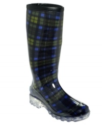 Add some pattern and pizzaz to those blah, rainy days. Bootsi Tootsi's Tartan rain boots feature a great plaid print and a clear man-made sole. Add some pattern and pizzaz to those blah, rainy days. Bootsi Tootsi's Tartan rain boots feature a great plaid print and a clear man-made sole.