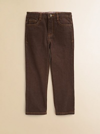 Soft and comfy right from the start, in slightly faded cotton denim with contrast topstitching and classic jean detailing.Waistband with inside adjustable tabsButton and belt loopsZip flyFront scoop pockets and coin pocket with rivetsBack patch pocketsBack waist patchStraight, slightly slim fitCottonMachine washImported Soft and comfy right from the start, in slightly faded cotton denim with contrast topstitching and classic jean detailing.Waistband with inside adjustable tabsButton and belt loopsZip flyFront scoop pockets and coin pocket with rivetsBack patch pocketsBack waist patchStraight, slightly slim fitCottonMachine washImported