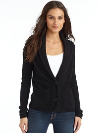 THE LOOKShawl collarButton frontLong sleevesDual patch pocketsTHE FITAbout 25 from shoulder to hemTHE MATERIALCashmereCARE & ORIGINDry cleanImported THE LOOKShawl collarButton frontLong sleevesDual patch pocketsTHE FITAbout 25 from shoulder to hemTHE MATERIALCashmereCARE & ORIGINDry cleanImported