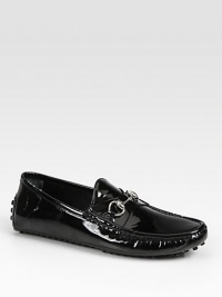 Black patent leather with silver horsebit hardware.Pebbled rubber sole with Gucci logo detailMade in Italy