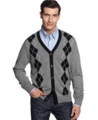Dress up your favorite pair of jeans with this argyle cardigan sweater from Geoffrey Beene. Dress up your favorite pair of jeans with this argyle cardigan sweater from Geoffrey Beene.
