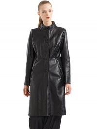 THE LOOKStand collarConcealed snap closureDual besom pocketsLong sleevesFront and back Princess seamsVent in back hemTHE FITAbout 39½ from shoulder to hemTHE MATERIALLeatherWool liningCARE & ORIGINDry cleanMade in ItalyModel shown is 5'10½ (179cm) wearing US size 4. THE LOOKStand collarConcealed snap closureDual besom pocketsLong sleevesFront and back Princess seamsVent in back hemTHE FITAbout 39½ from shoulder to hemTHE MATERIALLeatherWool liningCARE & ORIGINDry cleanMade in ItalyModel shown is 5'10½ (179cm) wearing US size 4.