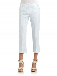 THE LOOKPinstripe patternWide waistband with double hook-and-eye closureFront zipperDual front welt pocketsDual back welt pocketsTHE FITRise, about 9Inseam, about 24THE MATERIALCottonCARE & ORIGINDry cleanImportedModel shown is 5'11 (180cm) wearing US size 4. THE LOOKPinstripe patternWide waistband with double hook-and-eye closureFront zipperDual front welt pocketsDual back welt pocketsTHE FITRise, about 9Inseam, about 24THE MATERIALCottonCARE & ORIGINDry cleanImportedModel shown is 5'11 (180cm) wearing US size 4.