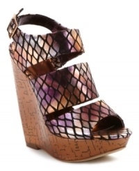 Stand tall and at attention in the Peri wedge sandals by Baby Phat. Between the funky texture and the towering heel, these shoes just can't be beat. Stand tall and at attention in the Peri wedge sandals by Baby Phat. Between the funky texture and the towering heel, these shoes just can't be beat.