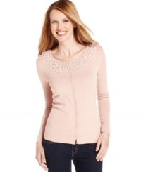Embellish your look in this Elementz cardigan, complete with pearlized details at the neckline. Embellish your look in this Elementz cardigan, complete with pearlized details at the neckline.