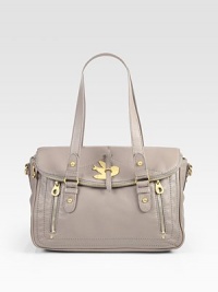 Soft and slouchy leather defines this easy carryall, finished with whimsical bird hardware.Double top handles, 7 dropRemovable adjustable shoulder strap, 20-25 dropTop-zip and magnetic flap closureThree outside zip compartmentsOne inside open pocketTwo inside open pocketsFully lined14W X 10H X 6½DImported