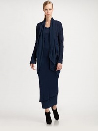 Sueded cotton, tailored with a structural, panel-constructed body and accented with fluidly draped georgette.Shawl collarLong sleevesZipper cuffsSlit back drapeAbout 31 from shoulder to hem93% cotton/7% elastaneDry cleanImported of Italian fabricModel shown is 5'11 (180cm) wearing US size 4. Sueded cotton, tailored with a structural, panel-constructed body and accented with fluidly draped georgette.Shawl collarLong sleevesZipper cuffsSlit back drapeAbout 31 from shoulder to hem93% cotton/7% elastaneDry cleanImported of Italian fabricModel shown is 5'11 (180cm) wearing US size 4.