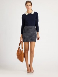 Peter Pan collar of soft leather adds a pop of contrast to this classically styled sweater. Leather Peter Pan collarDropped shouldersBracelet sleevesRibbed cuffs and hemBody: Viscose/polyesterTrim: LeatherDry clean with leather specialistImportedModel shown is 5'10 (177cm) wearing US size Small. Peter Pan collar of soft leather adds a pop of contrast to this classically styled sweater. Leather Peter Pan collarDropped shouldersBracelet sleevesRibbed cuffs and hemBody: Viscose/polyesterTrim: LeatherDry clean with leather specialistImportedModel shown is 5'10 (177cm) wearing US size Small.