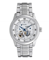 Elegant craftsmanship with 21 jewel bearings for self-winding movement. BVA-Series watch by Bulova. Stainless steel bracelet and round case. White dial features black Roman numerals, minute track, three subdials revealing inner workings, blue hands and logo. Automatic movement. Water resistant to 30 meters. Three-year limited warranty. Elegant craftsmanship with 21 jewel bearings for self-winding movement. BVA-Series watch by Bulova. Stainless steel bracelet and round case. White dial features black Roman numerals, minute track, three subdials revealing inner workings, blue hands and logo. Automatic movement. Water resistant to 30 meters. Three-year limited warranty.
