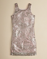 Sparkling sequins perfectly play off a blush-colored underlay on this prettily chic tank dress from Elisa B. Sparkling sequins perfectly play off a blush-colored underlay on this prettily chic tank dress from Elisa B.