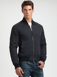 This lightweight bomber makes a smooth transition into those cool, autumn nights to come, effortlessly shaped in a rich cotton blend.Two-way zip frontStand collarSlash waist pocketsZippered pocket at sleeveRibbed knit collar, cuffs and hemAbout 24 from shoulder to hem98% cotton/2% elastaneMachine washMade in USA This lightweight bomber makes a smooth transition into those cool, autumn nights to come, effortlessly shaped in a rich cotton blend.Two-way zip frontStand collarSlash waist pocketsZippered pocket at sleeveRibbed knit collar, cuffs and hemAbout 24 from shoulder to hem98% cotton/2% elastaneMachine washMade in USA