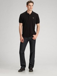 A deep, clean wash and comfortable straight-leg fit, made for casual Fridays and weekends alike in fine Italian denim. Five-pocket style Low waist Button fly Logo leather patch at back waist Inseam, about 32 Cotton Machine wash Imported A deep, clean wash and comfortable straight-leg fit, made for casual Fridays and weekends alike in fine Italian denim. Five-pocket style Low waist Button fly Logo leather patch at back waist Inseam, about 32 Cotton Machine wash Imported