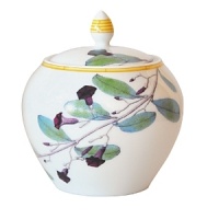 Adapted from botanical drawings of gardens in Mumbai, India, where an abundance of rare plant species grow, precisely detailed floral and vegetal illustrations adorn this fine porcelain sugar bowl from Bernardaud. It's edged with a rattan trompe l'oeil pattern reminiscent of popular Indian furniture designs. Adapted from botanical drawings of gardens in Mumbai, India, where an abundance of rare plant species grow, precisely detailed floral and vegetal illustrations adorn this fine porcelain sugar bowl from Bernardaud. It's edged with a rattan trompe l'oeil pattern reminiscent of popular Indian furniture designs.