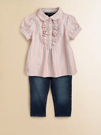 A precious set pairs a sweet, ruffled oxford with an ultra-comfy stretch jean legging for a preppy, put-together look. Top Peter Pan collarShort puffed sleevesButton-front Leggings Faux snap closureElastic waistbandMock flyFaux pockets99% cotton/1% elastaneMachine washImported Please note: Number of buttons may vary depending on size ordered. A precious set pairs a sweet, ruffled oxford with an ultra-comfy stretch jean legging for a preppy, put-together look. Top Peter Pan collarShort puffed sleevesButton-front Leggings Faux snap closureElastic waistbandMock flyFaux pockets99% cotton/1% elastaneMachine washImported Please note: Number of buttons may vary depending on size ordered.