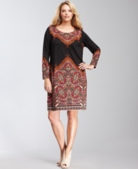 Dressing becomes a breeze with INC's plus size shift dress. An exotic print adds spice to this classic, sleek silhouette. Dressing becomes a breeze with INC's plus size shift dress. An exotic print adds spice to this classic, sleek silhouette.