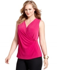 A draped front lends an ultra-flattering look to Calvin Klein's sleeveless plus size top-- wear it alone or as a layer. A draped front lends an ultra-flattering look to Calvin Klein's sleeveless plus size top-- wear it alone or as a layer.