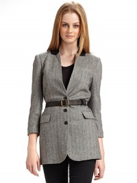 THE LOOKAllover herringbone patternContrast stand collarThree button front¾ sleeves with five button cuffsSingle welt pocket at chestContrast leather belt with buckle and belt loopsDual flap pockets at hipsVented hem at center backTHE FITAbout 30 from shoulder to hemTHE MATERIAL72% wool/27% nylon/1% Lycra spandexFully linedCARE & ORIGINDry clean Imported THE LOOKAllover herringbone patternContrast stand collarThree button front¾ sleeves with five button cuffsSingle welt pocket at chestContrast leather belt with buckle and belt loopsDual flap pockets at hipsVented hem at center backTHE FITAbout 30 from shoulder to hemTHE MATERIAL72% wool/27% nylon/1% Lycra spandexFully linedCARE & ORIGINDry clean Imported