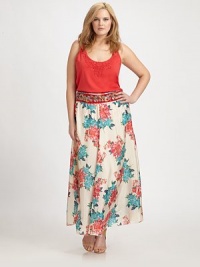 An allover floral print adds ultra-feminine appeal to this flowing silk design with a comfortable elasticized waistband. Elasticized waistbandBack seamAbout 29 longSilkMachine washImported An allover floral print adds ultra-feminine appeal to this flowing silk design with a comfortable elasticized waistband. Elasticized waistbandBack seamAbout 29 longSilkMachine washImported