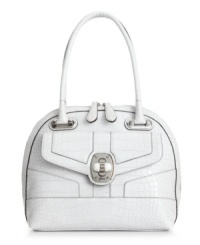 The perfect blend of poise and edge. The Letty dome satchel from GUESS features a classic silhouette decorated with a daring crocodile print exterior and high-shine signature silver-tone hardware. The perfect blend of poise and edge. The Letty dome satchel from GUESS features a classic silhouette decorated with a daring crocodile print exterior and high-shine signature silver-tone hardware.