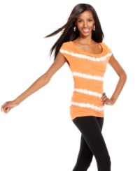 Tie dye and sequins put a fresh spin on INC's cap-sleeve tunic. The cowl neckline and ruched side seams lends a fanciful touch! Tie dye and sequins put a fresh spin on INC's cap-sleeve tunic. The cowl neckline and ruched side seams lends a fanciful touch!