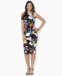 Channeling a breezy, feminine spirit, Lauren by Ralph Lauren's elegant sheath dress is rendered in fluid matte jersey with a bold anchor-print pattern. Channeling a breezy, feminine spirit, Lauren by Ralph Lauren's elegant sheath dress is rendered in fluid matte jersey with a bold anchor-print pattern.