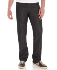 Add this pair of dark blue denim jeans from LRG to your casual attire for sleek style. Add this pair of dark blue denim jeans from LRG to your casual attire for sleek style.