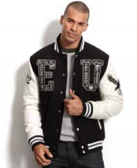 Varsity jackets are in this season, score major fashion points when you rock this one from Ecko Unltd. Varsity jackets are in this season, score major fashion points when you rock this one from Ecko Unltd.