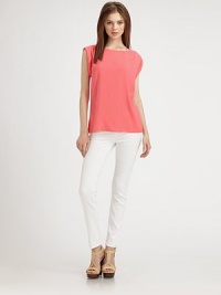 Rolled sleeves add softness to this simply pretty stretch silk top.BoatneckShort, rolled sleeves95% silk/5% spandexDry cleanImportedModel shown is 5'10 (177cm) wearing US size Small.Additional Information Women's Premier Designer & Contemporary Size Guide Rolled sleeves add softness to this simply pretty stretch silk top.BoatneckShort, rolled sleeves95% silk/5% spandexDry cleanImportedModel shown is 5'10 (177cm) wearing US size Small.Additional Information Women's Premier Designer & Contemporary Size Guide