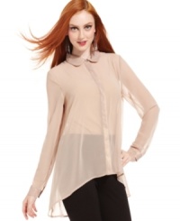 A dramatic high-low hem updates this Bar III chiffon blouse for a chic fall look that's perfect over skinny jeans! A dramatic high-low hem updates this Bar III chiffon blouse for a chic fall look that's perfect over skinny jeans!