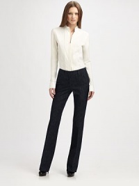 A unique, pleated fringe placket decorates this chic poplin-and-jersey piece.Band collarLong jersey sleeves with button cuffsVented necklinePleated trim with fringe detailJersey back panel74% cotton/21% polyamide/5% elastaneDry cleanImported of Swiss fabricModel shown is 5'9½ (176cm) wearing US size 4. A unique, pleated fringe placket decorates this chic poplin-and-jersey piece.Band collarLong jersey sleeves with button cuffsVented necklinePleated trim with fringe detailJersey back panel74% cotton/21% polyamide/5% elastaneDry cleanImported of Swiss fabricModel shown is 5'9½ (176cm) wearing US size 4.