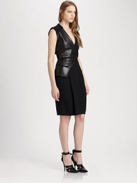 Edgy, mixed-media wrap dress has semi-sheer sides, leather paneling and a single front besom pocket. Crossover v-neckSleevelessSemi-sheer side panelsSingle front besom pocketAbout 25 from natural waist96% viscose/4% elastane with leather trimDry cleanImported of Italian fabricModel shown is 5'10 (177cm) wearing US size 2. Edgy, mixed-media wrap dress has semi-sheer sides, leather paneling and a single front besom pocket. Crossover v-neckSleevelessSemi-sheer side panelsSingle front besom pocketAbout 25 from natural waist96% viscose/4% elastane with leather trimDry cleanImported of Italian fabricModel shown is 5'10 (177cm) wearing US size 2.