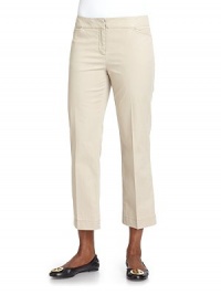 THE LOOKBanded waistFront zip with double hook closureSide pocketsStraight legBack dartsBack button besom pocketTHE FITRise, about 9Inseam, about 26THE MATERIAL57% cotton/40% lyocell/3% spandexCARE & ORIGINMachine washImportedModel shown is 5'9½ (176cm) wearing US size 4. THE LOOKBanded waistFront zip with double hook closureSide pocketsStraight legBack dartsBack button besom pocketTHE FITRise, about 9Inseam, about 26THE MATERIAL57% cotton/40% lyocell/3% spandexCARE & ORIGINMachine washImportedModel shown is 5'9½ (176cm) wearing US size 4.