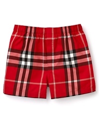 Hidden elastic waist band boxers with all over check pattern. One button fly. Hidden elastic waist band boxers with all over check pattern. One button fly.