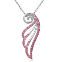 Sterling Silver and Round Created Pink Sapphire Diamond Angel Wing Pendant Necklace, 18 Sterling Silver and Round Created Pink Sapphire Diamond Angel Wing Pendant Necklace, 18