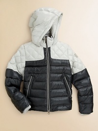 Colorblock design, mixed quilting and a biker silhouette add modern touches to this cold-weather classic.Hooded biker styleStand collarZip-frontContrast diamond quilted yokeChannel quilted bodyLong sleeves with rib-knit cuffsLogo patch on one armDual front slash pocketsFully linedShell: polyamideFill: goose downDry cleanImported Colorblock design, mixed quilting and a biker silhouette add modern touches to this cold-weather classic.Hooded biker styleStand collarZip-frontContrast diamond quilted yokeChannel quilted bodyLong sleeves with rib-knit cuffsLogo patch on one armDual front slash pocketsFully linedShell: polyamideFill: goose downDry cleanImported