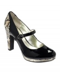 Snake print on the platform and heel of the Britney Mary Jane pumps by Alfani give these cute shoes an added dose of texture and intrigue. Snake print on the platform and heel of the Britney Mary Jane pumps by Alfani give these cute shoes an added dose of texture and intrigue.