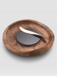 A stunning artisinal accent is handcrafted in a swooping design from dense, durable acacia hardwood. A granite cutting surface and 9 18/10 stainless steel knife make it the ideal serving piece for cheese and other hors d'oeuvres..Naturally resinous wood resists stains and odors 2½H X 14 diam. Hand wash Imported