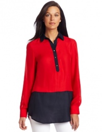 AK Anne Klein Women's Petite Color Block Tunic Top, Red Poppy, Medium