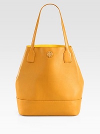 Luxurious pebbled leather in a roomy carryall with a signature logo emblem and a bright patent leather lining.Double shoulder straps, 9 dropCenter buckled strap closurePatent leather lining12¼W X 14H X 7DImported Luxurious pebbled leather in a roomy carryall with a signature logo emblem and a bright patent leather lining.Double shoulder straps, 9 dropCenter buckled strap closurePatent leather lining12¼W X 14H X 7DImported