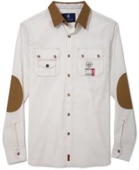 Get funky in this vintage-inspired button down by Rocawear, with heritage-inspired elbow patches and a flattering fit. Get funky in this vintage-inspired button down by Rocawear, with heritage-inspired elbow patches and a flattering fit.