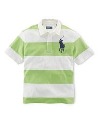 A classic short-sleeved striped cotton rugby for preppy, in-the-game style. A classic short-sleeved striped cotton rugby for preppy, in-the-game style.