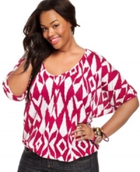 Brighten up your style with Soprano's dolman sleeve plus size top, flaunting a vibrant print -- pair it with your fave jeans! Brighten up your style with Soprano's dolman sleeve plus size top, flaunting a vibrant print -- pair it with your fave jeans!