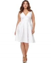An ultra-flattering A-line shape beautifully defines this sleeveless plus size dress by Spense-- celebrate the season in style! An ultra-flattering A-line shape beautifully defines this sleeveless plus size dress by Spense-- celebrate the season in style!
