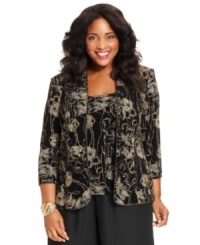Top your dress pants with this plus size jacket and top set from Alex Evenings, featuring a radiant gold metallic floral motif. Top your dress pants with this plus size jacket and top set from Alex Evenings, featuring a radiant gold metallic floral motif.