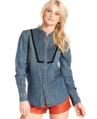 Bleach splatters add edge to this otherwise country-chic Free People chambray shirt -- a hot fall topper! Bleach splatters add edge to this otherwise country-chic Free People chambray shirt -- a hot fall topper!