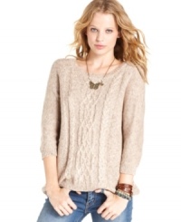 A relaxed fit and classic cable-knit design make this three-quarter sleeve sweater from Pink Rose a style you'll want to wear all day and every day! A relaxed fit and classic cable-knit design make this three-quarter sleeve sweater from Pink Rose a style you'll want to wear all day and every day!
