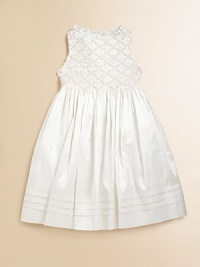 She'll feel like a princess in luxurious silk with a precious floral smocked bodice and full skirt.Jewel neckline with rufflesSleevelessBack buttonsBack ribbon-tie waistFull, pleated skirtPleated hemSilkDry cleanImported Please note: Number of buttons may vary depending on size ordered. She'll feel like a princess in luxurious silk with a precious floral smocked bodice and full skirt.Jewel neckline with rufflesSleevelessBack buttonsBack ribbon-tie waistFull, pleated skirtPleated hemSilkDry cleanImported Please note: Number of buttons may vary depending on size ordered.